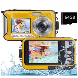 autolock Digitalkamera Fotokamera 2.7K Full HD 48MP 16X Digitalzoom Kompaktkamera (Wiederaufladbare Unterwasserkamera mit Karte für Schnorcheln) gelb