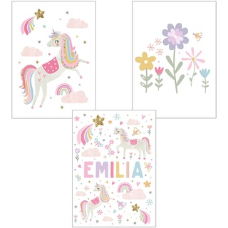 3er Set Poster Regenbogen Wolke Blume Einhorn Tier Kinderzimmer Deko Bilder Set Junge Mädchen Babyzimmer Kinderbilder (Stil 1,40x50cm)