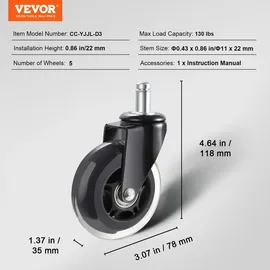 Vevor Bürostuhl Rollen(5er Set) φ76,2MM Ersatz-Hartbodenrollen aus Polyurethan Schreibtischstuhl Rollen 59kg Tragfähigkeit Drehstuhlrollen Ideal für Bürostühle Gaming-Stühle Drehstühle