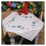 Vervaco Stickpackung Tischdecke Sticken Set Erwachsene Vorgedruckt bunte Hühner Stickdecken Vorgezeichnet Decke Sticken Stickpackung Plattstich 80 x 80 cm Stoff zum Sticken Kreatives Geschenk