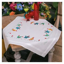 Vervaco Stickpackung Tischdecke Sticken Set Erwachsene Vorgedruckt bunte Hühner Stickdecken Vorgezeichnet Decke Sticken Stickpackung Plattstich 80 x 80 cm Stoff zum Sticken Kreatives Geschenk