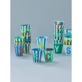 Rice Melamin Buchstabenbecher gestreift, T, blau