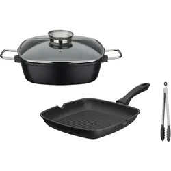 Topf-Set GSW "Gourmet Granit Grillmeister", schwarz, B:28cm L:28cm, Töpfe, mit Aroma-Glasdeckel, Induktion