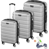 Hartschalenkoffer Kofferset 3 teilig mit TSA Zahlenschloss 4 Rollen ABS-Hartschale, Reisekoffer Trolley Rollkoffer Koffer - silber - Silber/Grau