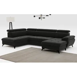 Wohnlandschaft COTTA "Hudson U-Form", schwarz, B:256cm T:207cm, Sofas, verstellbare Kopfstützen