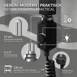 luxebath Heizstab 1200W Schwarz für Badheizkörper mit Thermostat