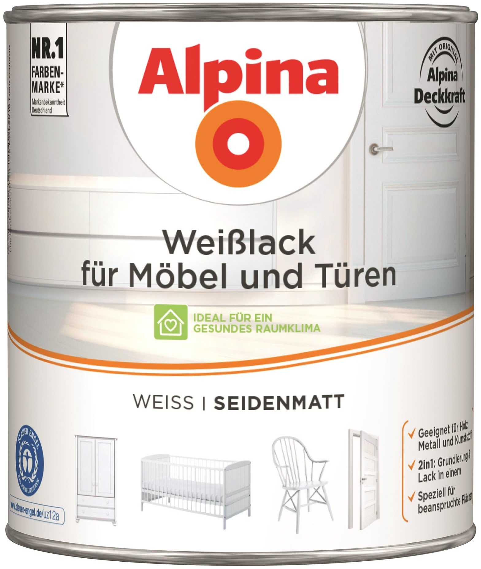 Alpina Weißlack für Möbel und Türen 2 Liter seidenmatt