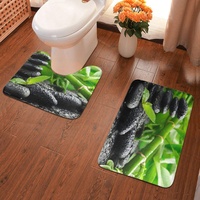 Badematten-Set, 2-teilig, rutschfeste WC-Vorleger und Badematte für Badezimmerboden (grüner Bambus und schwarze Steine)