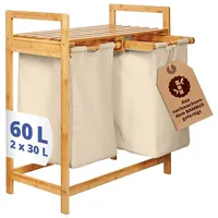 Lumaland Wäschekorb aus Bambus mit 2 ausziehbaren Wäschesäcken | Pflegeleichtes Material, unempfindlich gegen Nässe und leicht abwischbar | Höhe ca. 73cm x 64cm Breite x 33cm Tiefe [Beige]