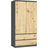 Akord Kleiderschrank Akord S90 Graphitgrau 90 Cm 2 Türen 2 Schubladen 4 Ebenen Front Eiche Artisan B90 X H180 X T51 Cm