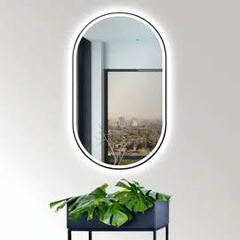 Hoko Badspiegel LED Antibeschlag Wandspiegel Oval 45x75cm mit Aluminium-Rahmen+LED Wechsel Warmweiß-Kaltweiß-Neutral 2700-6500K.Touch Schalter.Ra... / Schwarz