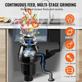Vevor Küchenabfallentsorger, Küchenabfallzerkleinerer, 3/4 PS, Lebensmittelabfall-Zerkleinerungssystem, 3-Schrauben-Montage, 3600 U/min