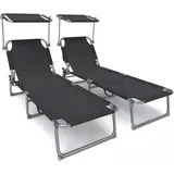 2er Set Sonnenliege Klappbar, Gartenliege Strandliege mit Sonnenschutz und Verstellbarer Rückenlehne, Schwarz - Vounot