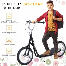 Homcom Kinderroller mit Luftreifen Kickscooter Scooter Tretroller Cityroller für Kinder Kickboard 16 Zoll ab 5 Jahre Höhenverstellbar Schwarz 143 x 58 x 92-100 cm