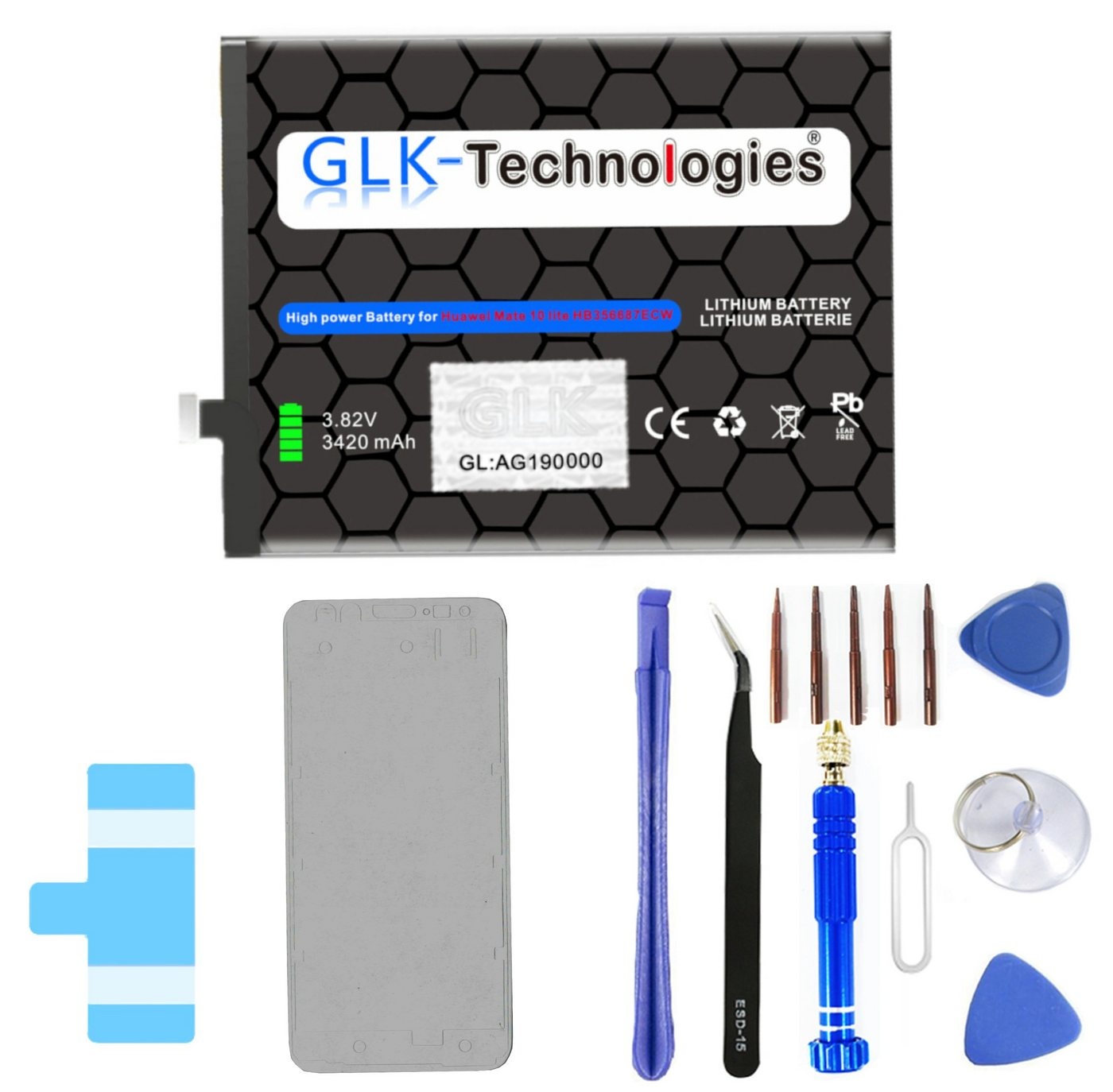 GLK-Technologies High Power Ersatz Akku für Huawei Mate 10 Lite / Honor 7X /Nova 2 Plus / P Smart Plus / Nova 3i / P30 Lite Smartphone-Akku 3420 mAh (3,8 V)