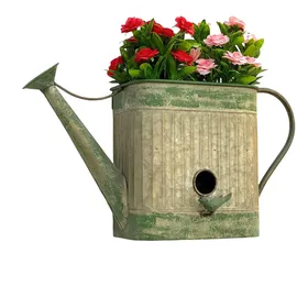 DanDiBo Ambiente Vogelhaus mit Blumentopf zum Aufhängen Metall Deko Gießkanne wetterfest 481999 Nistkasten 40 cm Futterstation für Vögel Shabby Metallkanne Kanne Balkon