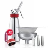 iSi - Gourmet Whip Sahnespender 0,5L + 6 x 10 Sahnekapseln + Edelstahltüllen + Trichter + Sieb + Whipper Verschlusskappe im Set – Sahnesprüher aus 100% Edelstahl für Sahne, Suppen, Espumas & Desserts