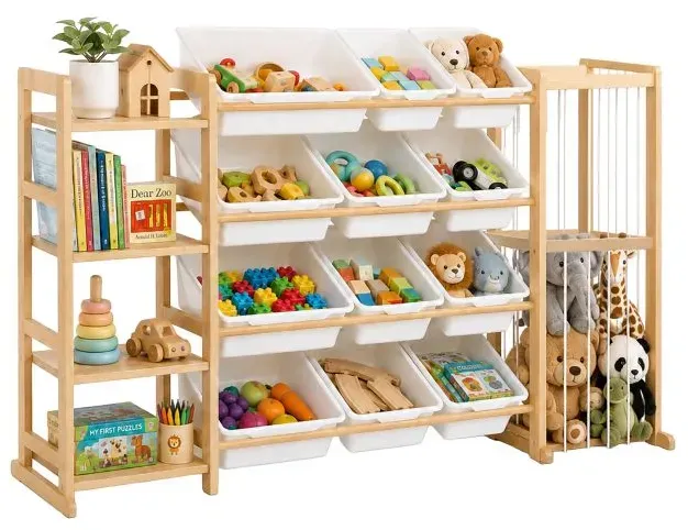 Relaxdays Großes Kinderregal mit 12 Boxen Weiß,Hellbraun