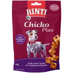 RINTI Chicko Plus 80 Gramm Hundesnacks Sparpaket 12 x 80 Gramm Käse-Schinken-Würfel