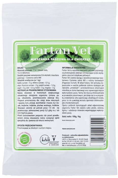 LAB-V Fartan Vet - Futtermischung für Nutztiere Verbesserung der Tierproduktivität 100g (Rabatt für Stammkunden 3%)