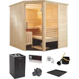 sentiotec Alaska Corner Saunakabine Komplett Set mit Combi-Saunaofen, Steuerung und Zubehör
