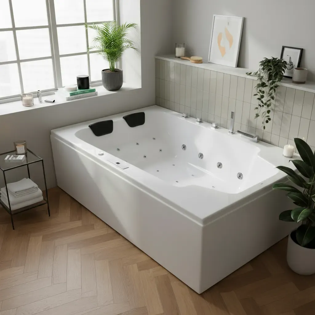 Indoor Whirlpool Doppelbadewanne 190x120 cm, 28 Massagedüsen LED, groß, freistehend / Einbau, 2 Personen, Caribia CLASSIC Premium, Made in Germany