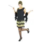 Schwarz goldenes 20er Jahre Kleid mit Fransen für Damen Elegantes Charleston Kostüm zu Fasching und Karneval Größe M
