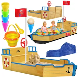 KIDIZ® Sandkasten Ahoi - Piratenschiff Boot Segelschiff aus Holz Inkl. Abdeckung, Bodenplane, Sitzbank, Flaggenmast, Sandspielzeug    Große Kinder Sandkiste für den Garten   Outdoor Sandbox