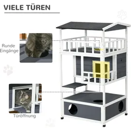 PawHut Katzenhaus,4 Etagen, Katzenvilla, Katzenhütte für draußen, Tannenholz - Bunt