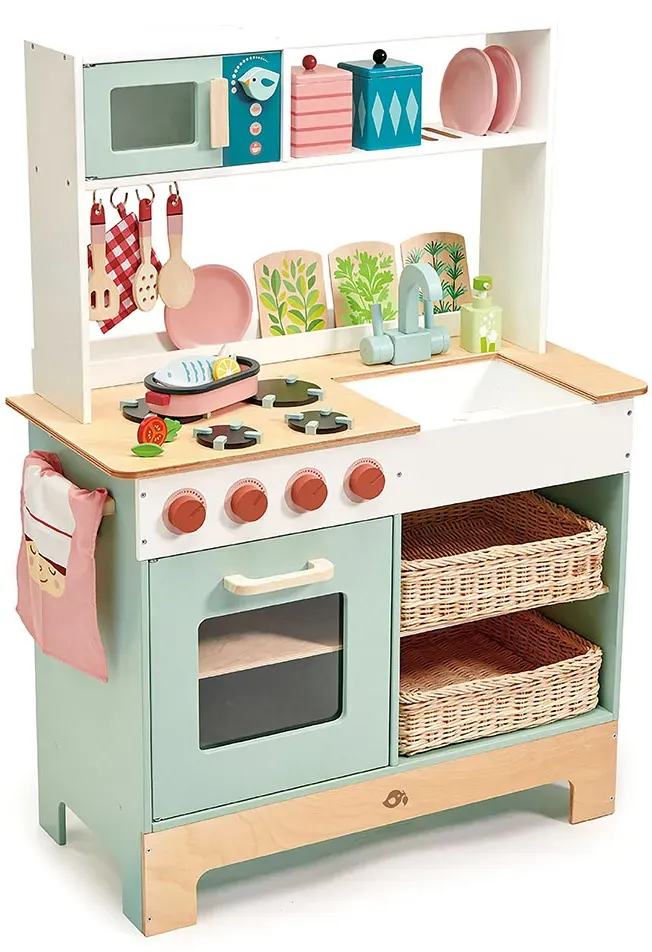 Spielkc4che aus Holz mit Mikrowelle, Ofen, Splbecken, 91x61x30 cm, Gummibaumholz, naturfarben - Tender Leaf - FSC-zertifiziert, ab 3 Jahren