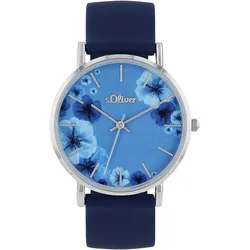 Quarzuhr S.OLIVER, blau (dunkelblau), Armbanduhren, Damen, Armbanduhr, Damenuhr, analog, Blumen, Silikonarmband, Topseller