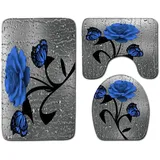 Bad Teppiche Set 3-Teiliges Graue Blaue Blumen WC Vorleger Mit Ausschnitt Badematte Saugfähig WC Deckelbezug Badvorleger rutschfest Waschbar Toilettensitzbezug Badgarnitur (45x75cm)