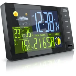 BEARWARE Funkwetterstation Innen und Außen mit Außensensor - DCF Signal Funkuhr - Farbdisplay - Thermometer - Hygrometer