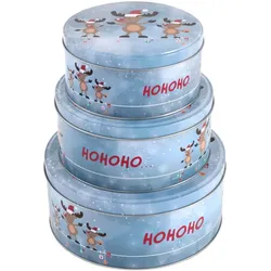 Geb‰ckdose 3er Set rund blaugrau Ho Ho Ho Elche Metall Dose