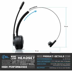 CSL - kabelloses Headset mit Ladestation - Mono Bluetooth Headset mit Mikrofon - USB Ladeport - Multipoint, Rauschunterdrückung - leicht