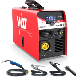 VECTOR WELDING MIG Schweißgerät 200 A Set, Fülldraht Schweissgerät, Elektrodenschweißgerät 30-200A Kombigerät mit MCU, IGBT, Digitales Display, für Schweißen mit und ohne Gas