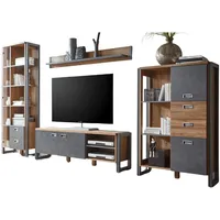 IMV Wohnwand Auburn Eiche grau Metall, Nachbildung,Eiche, 4 Schubladen,