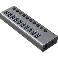 Renkforce RF-6027504 10 Port USB 3.2 Gen 2-Hub einzeln schaltbar, mit Aluminiumgehäuse Silber-Schwa