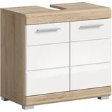 furnling Waschbeckenunterschrank Scott, weiße Hochglanzfront, 2 Türen, 2 Fächer, Unterschrank mit Siphon-Ausschnitt, Front mit Rillenfräsung, Breite 60 cm, Korpus Sonoma Eiche
