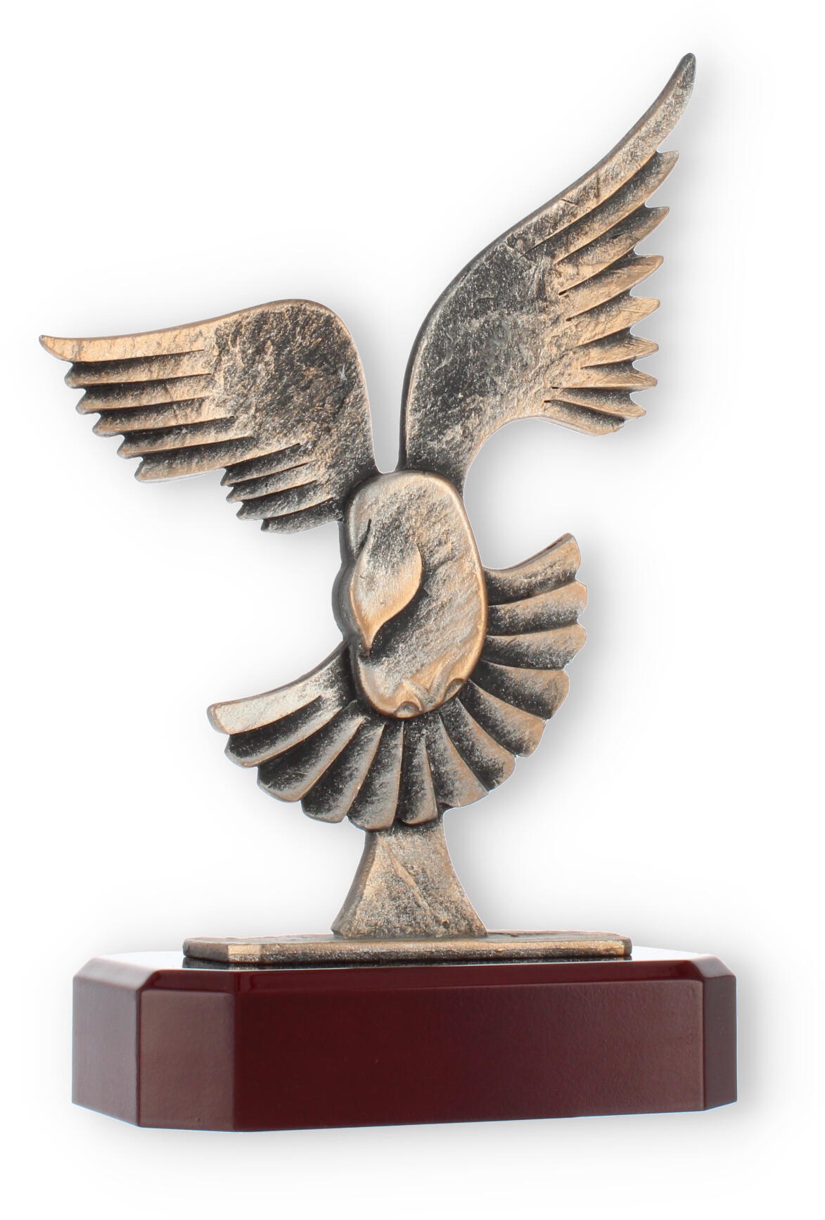 Pokal Zamakfigur Taube im Flug altgold auf mahagonifarbenen Holzsockel 23,0cm