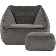 I.C.O.N. Icon Sitzsack Sessel mit Hocker für Erwachsene, Dunkelgrau, Flauschiger Samtstoff, Riesen Sitzsack Samt mit Füllung, Bean Bag Chair, Bequemer Sessel Wohnzimmer, Lounge, Schlafzimmer, Büro