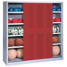 C+P Geräteschrank Ballschrank mit Lochblech-Schiebetüren (Typ 4), HxBxT 195x190x60 cm Einlegeböden mit Aufkantung grau|rot