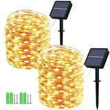 Geemoo 2 Stück Solar Lichterkette Aussen 2x15M 150 LED, Solar Weihnachtsbeleuchtung Außen Wasserdicht, 8 Modi Kupferdraht Solarlichterkette Warmweiß für Garten Terrasse Party Weihnachten Deko