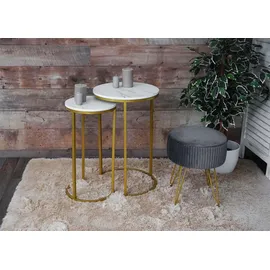 MCW Beistelltisch MCW-K46, Kaffeetisch Nachttisch Loungetisch, Marmor-Optik MDF ~ weiß-gold
