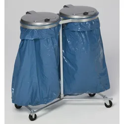 PROREGAL Robuster Doppel-Abfallsammler mit Kunststoff-Deckel | Fahrbar | 2x 120 Liter, HxBxT 102x86x48cm | Stahl | Verzinkt-Silber | Mülleimer