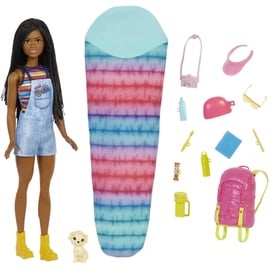 Barbie HDF74 - „Barbie im Doppelpack! Camping" Brooklyn Puppe (brünett mit geflochtenen Zöpfen, ca. 29 cm) mit Hündchen, Rucksack, Schlafsack, 10 Camping-Zubehörteilen, Geschenk für Kinder ab 3 Jahren