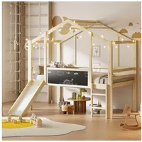 Odikalo Kinderbett 90x200 Hochbett mit Rutsche (Kinderbett 90 x 200 cm Dachboden-Design mit Sicherheitsleiter und Sicherheitsrutsche,mit Graffiti-Tafel, Multifunktionsbett Massivholzbett Einzelbett Hochbett Grau / Natur / Weiß)