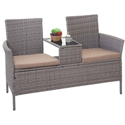 Poly-Rattan Sitzbank mit Tisch MCW-E24, Gartenbank Sitzgruppe Gartensofa, 132cm ~ grau, Kissen creme