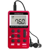 Retekess V112 Mini Radio,Taschenradio mit Kopfhörer,FM AM,Schlaftimer,Wiederaufladbar,LCD,Schlaftimer,500mAh Akku,zum Joggen,Reisen,Angeln(Rot)