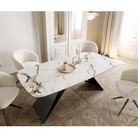 DeLife Esstisch Edge Boot 200x100 Keramik Calacatta Luxe Weiß-Gold-Grau V-Gestell Flachstahl Schwarz - Weiß